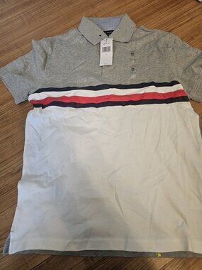 Tommy Hilfiger Polo Shirt Gray Red White Blue Stripe Meds Size Medium Collared